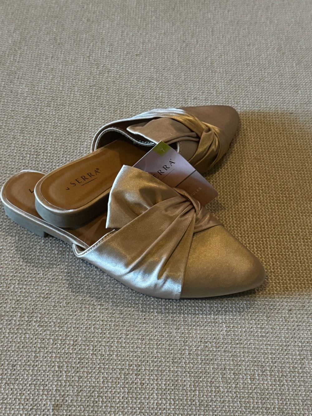 Serra Metallic Satin Gold Knot-Front Slip-On Mules